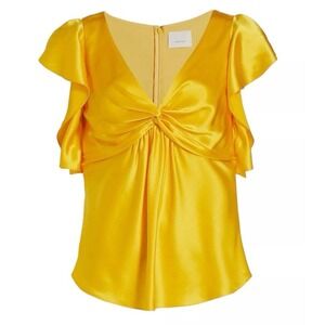 Cinq a‎ Sept XS Pem Silk Flutter V Neck Blouse Top Yellow Twist Front
